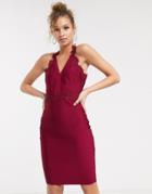Lipsy Pencil Dress With Crochet Lace Trim In Berry-red