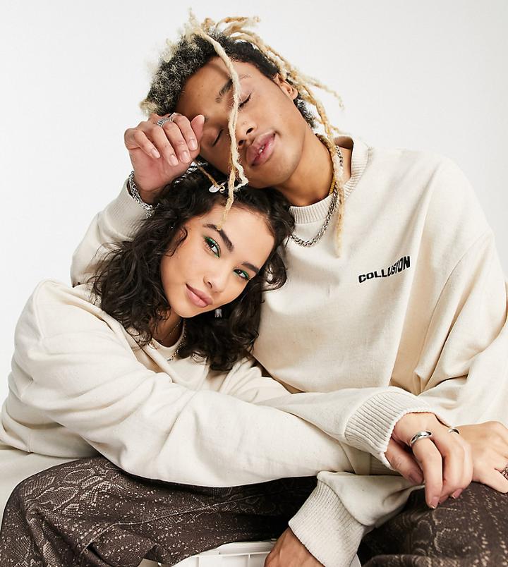 Collusion Unisex Sweatshirt With Logo Print In Oatmeal-neutral