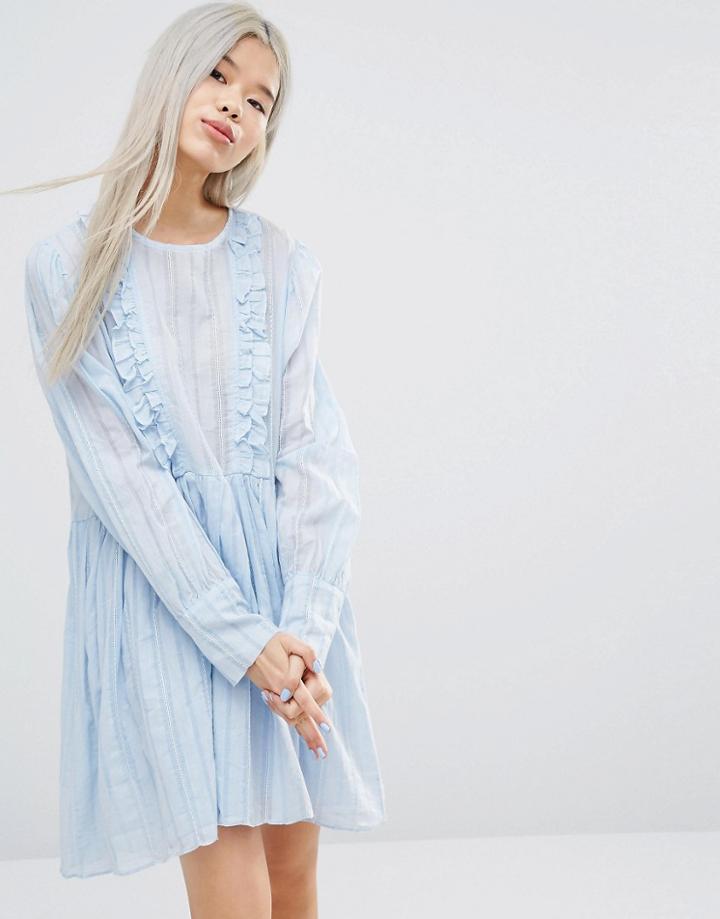 Stylenanda Long Sleeve Smock Dress With Woven Stripe And Ruffle Details - Multi