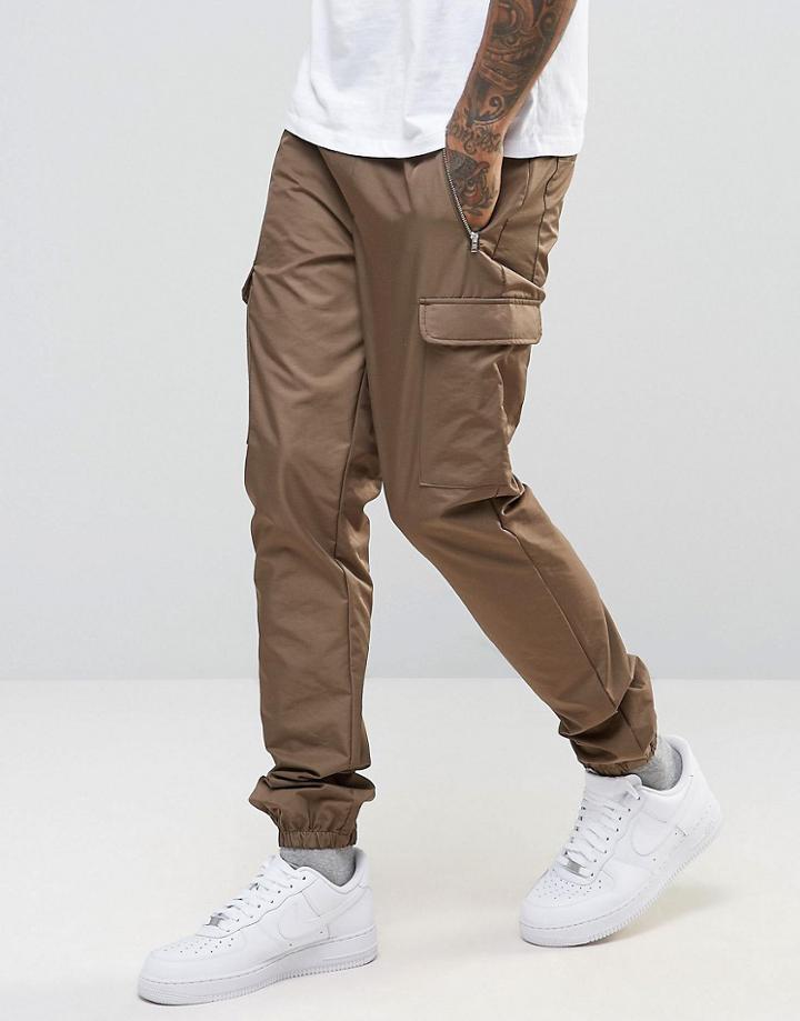 Asos Slim Smart Cargo Joggers In Nylon Fabric - Green
