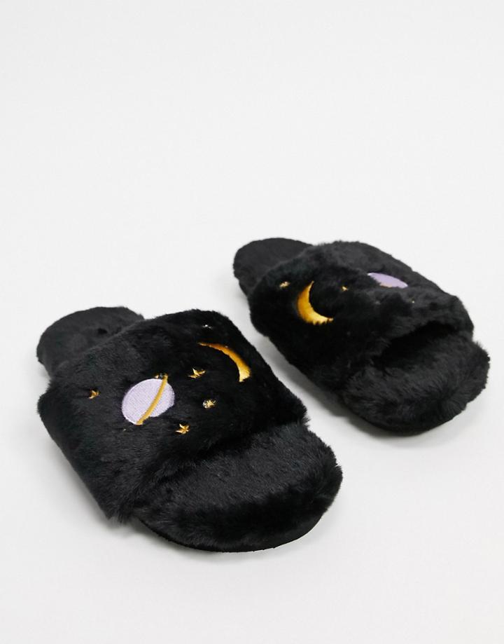 Monki Cozy Recycled Faux Fur Planet Slippers In Black