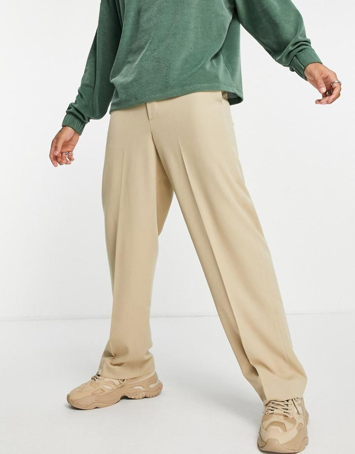 Asos Design Wide Leg Smart Pant With Double Waist Band In Beige-neutral
