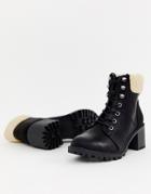 New Look Shearling Lace Up Heeled Boot In Black - Black