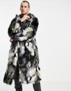 Asos Design Faux Fur Longline Overcoat In Black And Gray-grey