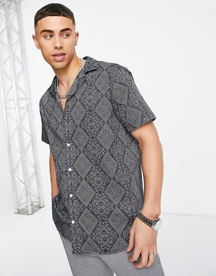 Selected Homme Shirt With Revere Collar In Navy Border Print