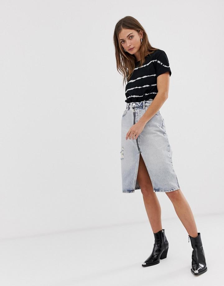 Allsaints Mabel Distressed Denim Midi Skirt-blue