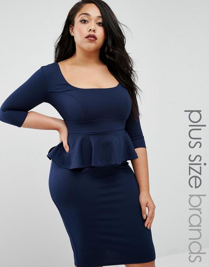 Goddiva Plus Pencil Dress With Peplum - Navy