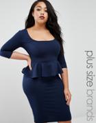 Goddiva Plus Pencil Dress With Peplum - Navy