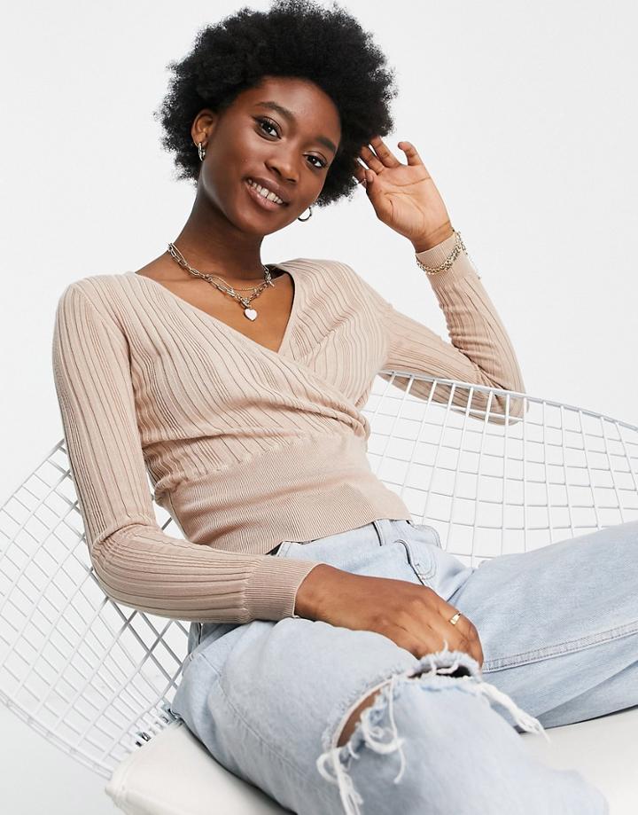 Miss Selfridge Camel Wide Rib Knit Deep Wrap Sweater-neutral