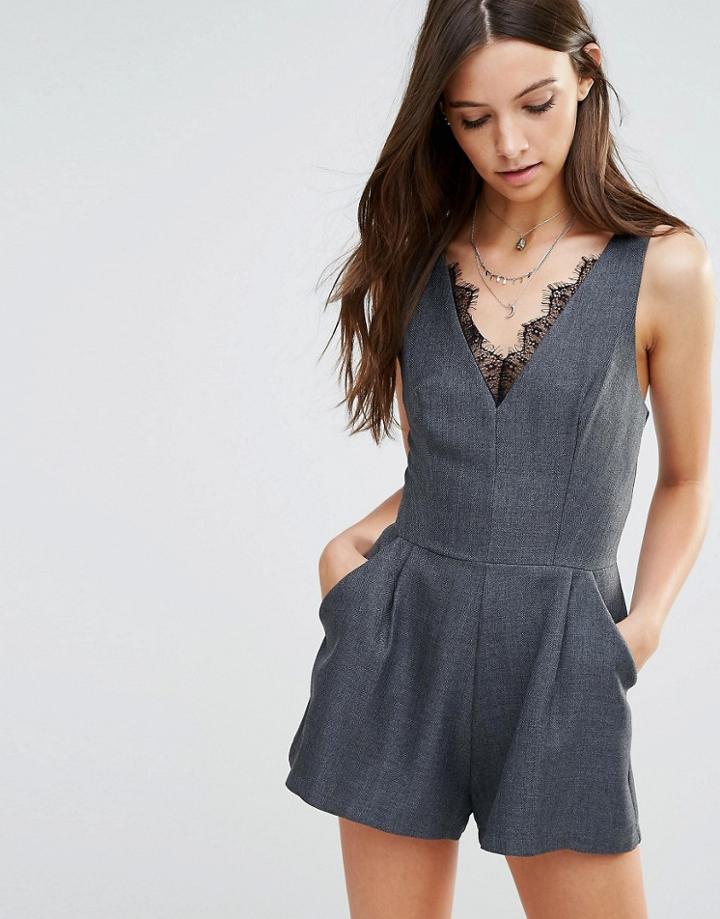 Love Romper With Lace In Herringbone - Gray