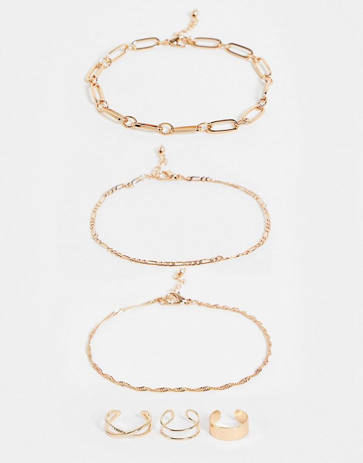 Asos Design 6-pack Ankles And Toe Rings In Gold Tone