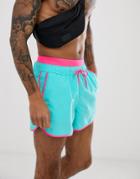 Asos Design Runner Swim Short In Blue With Pink Binding And Elastic In Short Length - Blue
