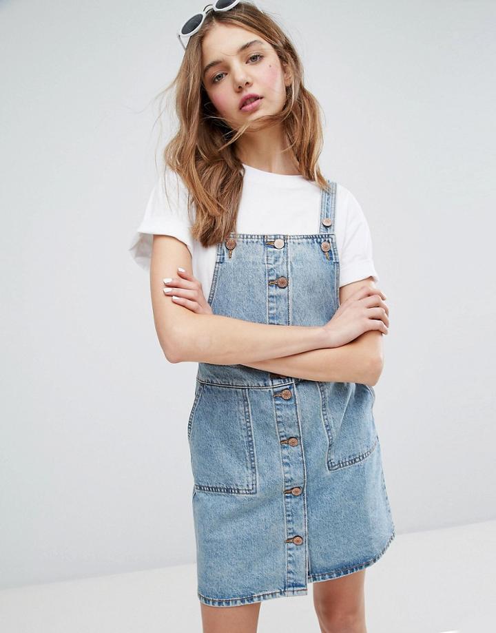 Monki Button Down Denim Overall Dress - Blue