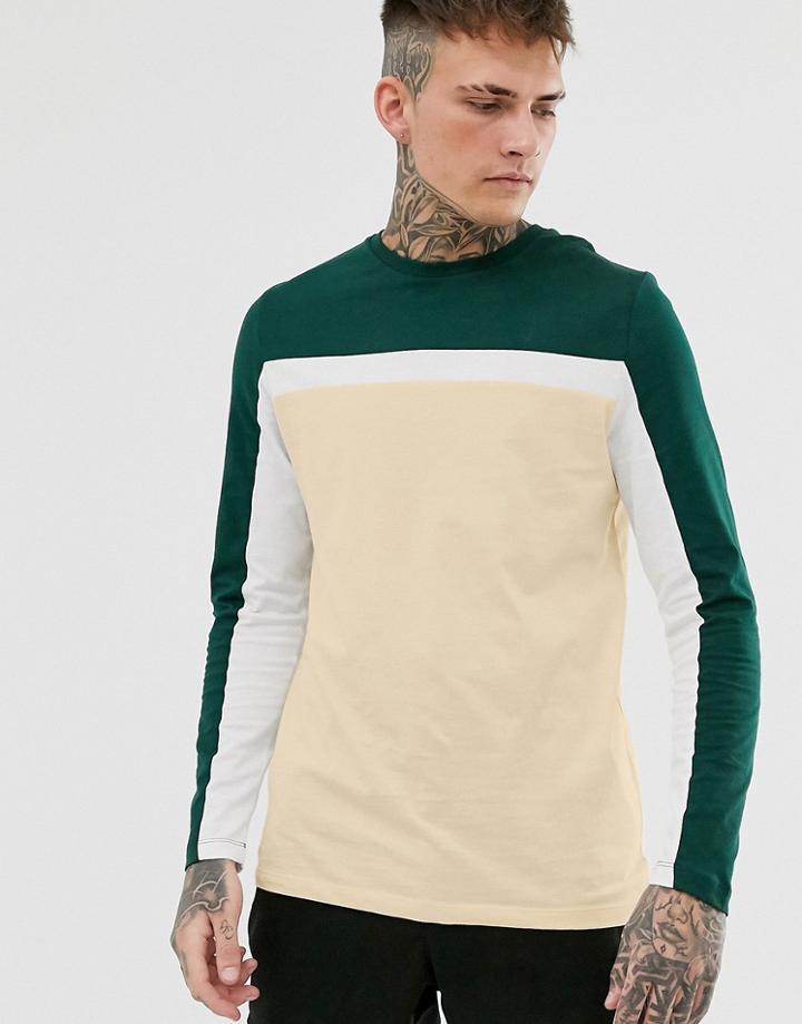 Asos Design Long Sleeve T-shirt With Color Block Panels In Beige