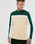 Asos Design Long Sleeve T-shirt With Color Block Panels In Beige