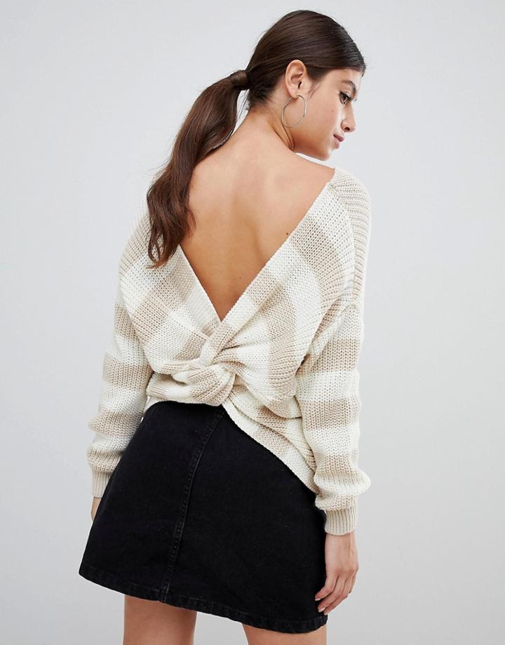 Prettylittlething Twist Back Sweater In Stripe - Cream