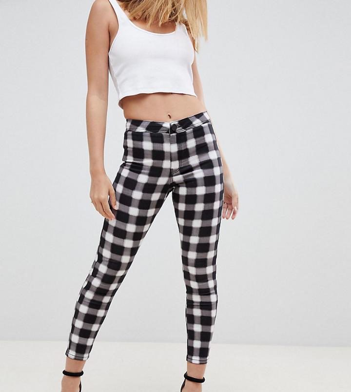 Asos Design Petite Rivington High Waisted Jeans In Blur Gingham Mono Print - Multi