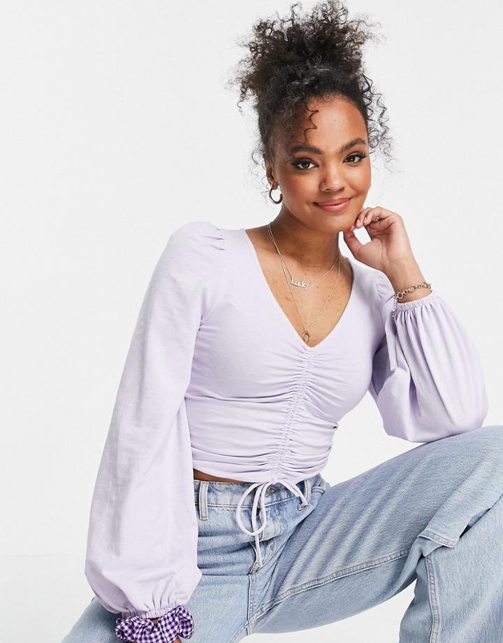Monki Ulle Organic Cotton Rouche Front Jersey Top In Lilac-purple