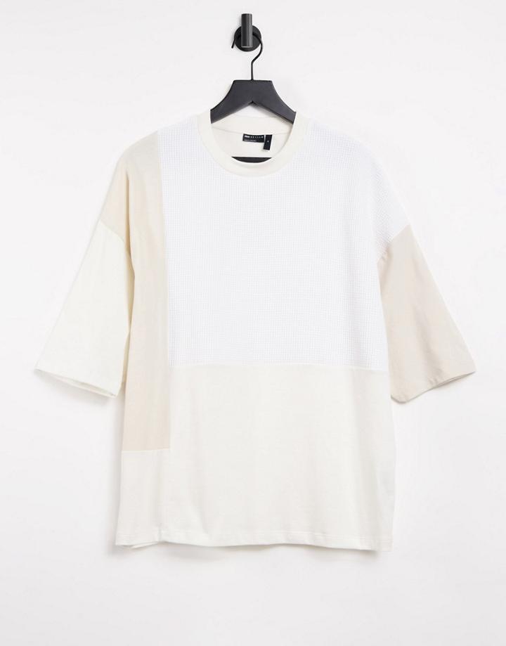 Asos Design Oversized T-shirt In Tonal Beige Color Block With Waffle-white