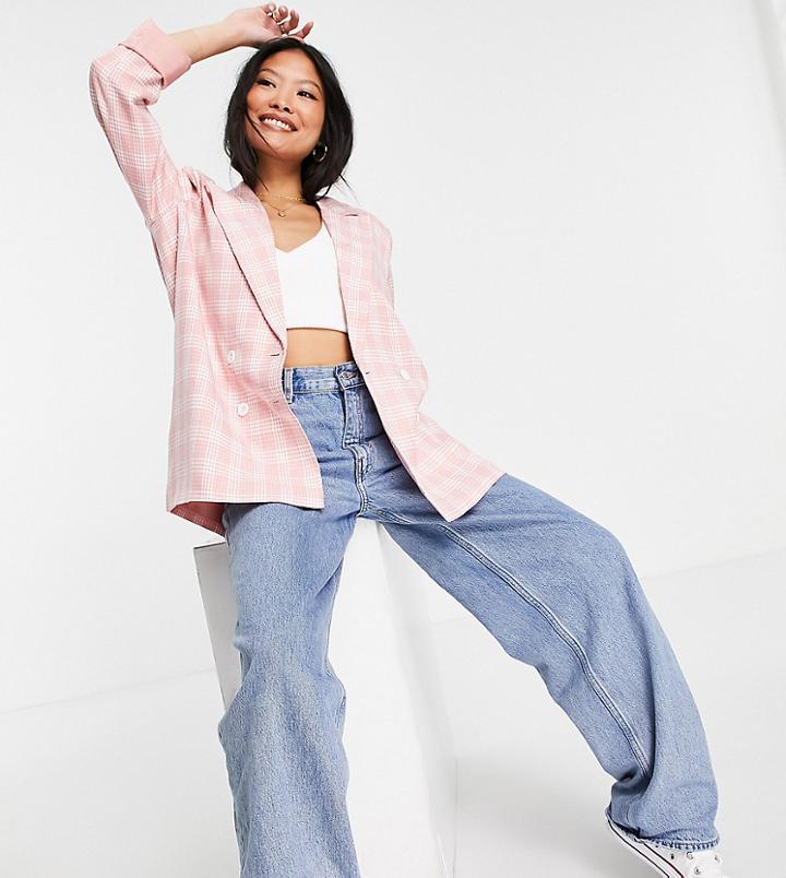 Urban Threads Petite Oversized Double Breasted Blazer In Pink Check