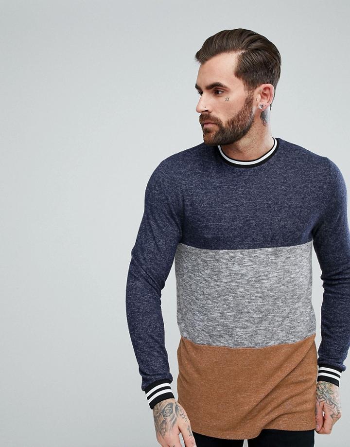 Asos Longline Long Sleeve T-shirt In Color Block Knitted Jersey - Navy