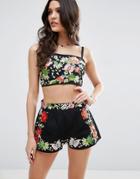 Asos Premium Floral Embroidered Beach Co-ord Top - Black