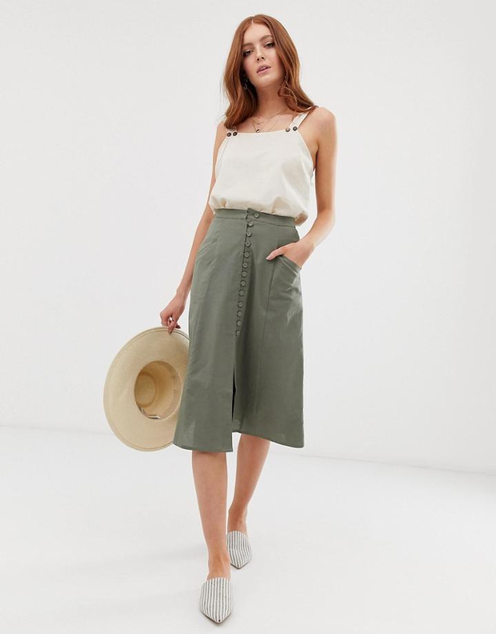 Asos Design Midi Skirt With Button Front-green