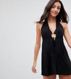 Asos Tall Tie Front Plunge Jersey Mini Beach Dress - Black