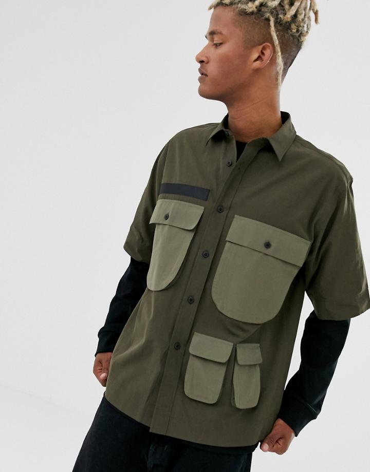 Asos Design Oversized Poplin Shirt With Double Pockets And D Ring-green