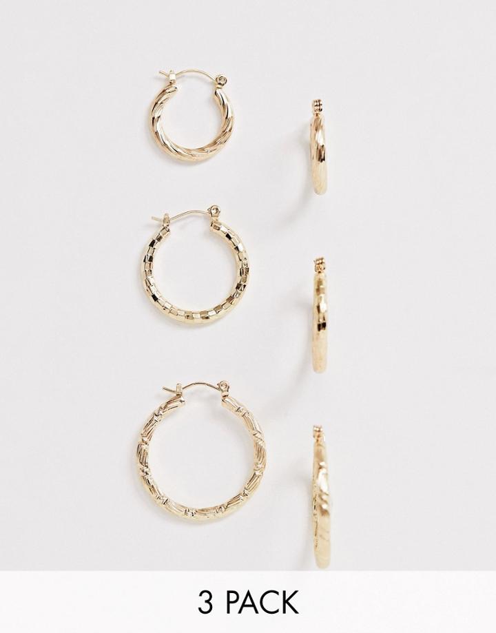 Asos Design Pack Of 3 Twist Hoop Earrings In Gold Tone - Gold