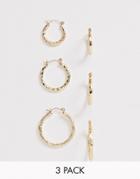 Asos Design Pack Of 3 Twist Hoop Earrings In Gold Tone - Gold