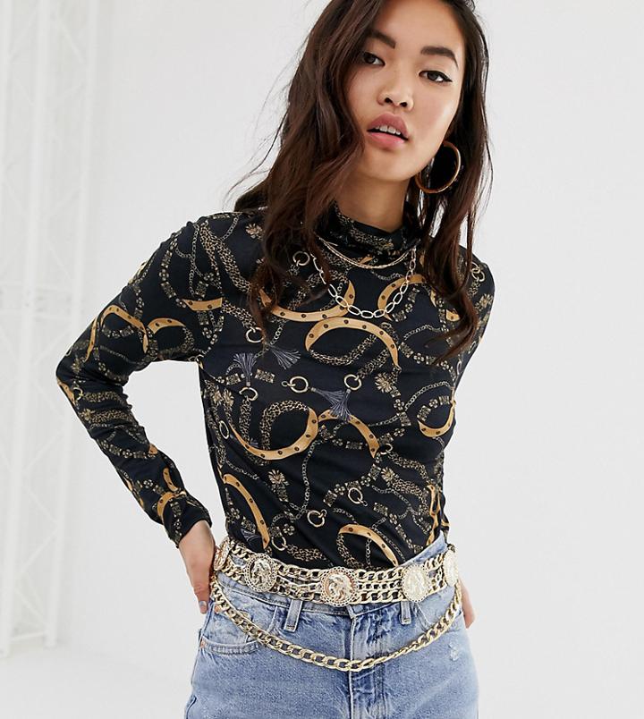 River Island High Neck Top In Scarf Print - Black