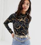 River Island High Neck Top In Scarf Print - Black