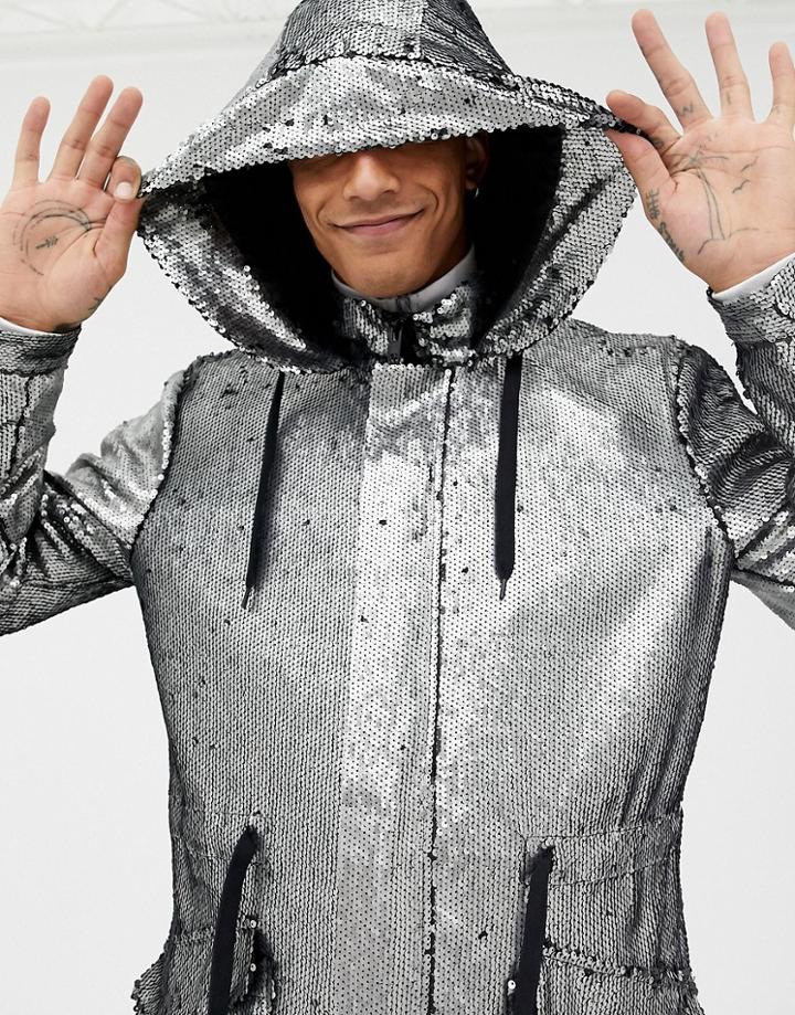Asos Design Longline Sequin Parka In Silver