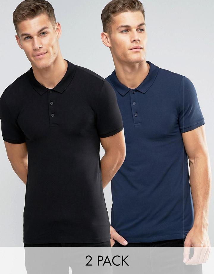 Asos Extreme Muscle Jersey Polo 2 Pack In Navy And Black - Multi