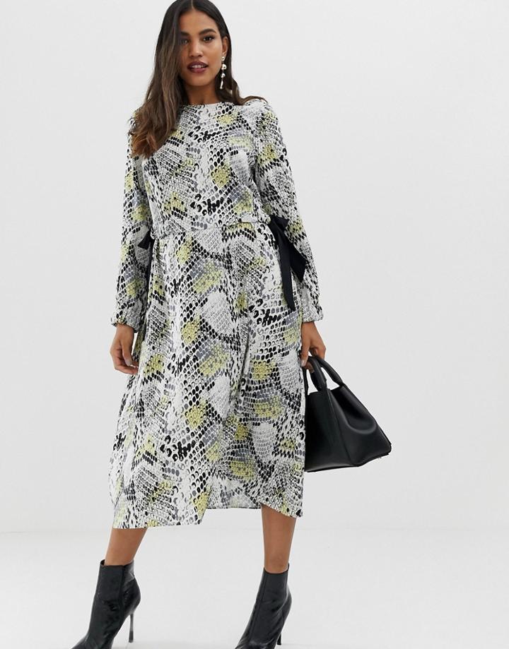 Asos Design Ruched Chuck On Midi Dress In Snake Print-multi