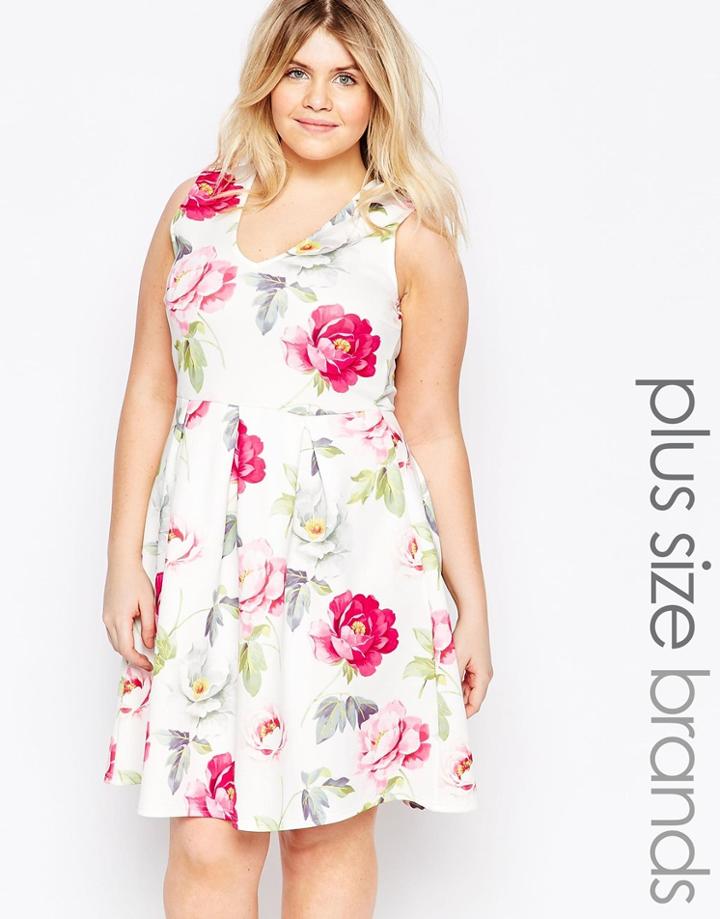 Praslin Plus Size Skater Dress In Floral Print - White Floral