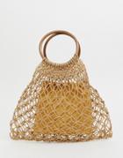 South Beach Woven Grab Bag With Wooden Handle - Beige