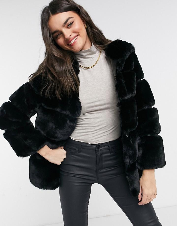 River Island Hooded Faux Fur Coat In Black