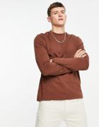 Asos Design Long Sleeve T-shirt With Crew Neck In Dark Brown - Brown