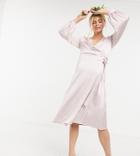 Tfnc Maternity Bridesmaid Satin Long Sleeve Wrap Front Midi Dress In Mink-pink
