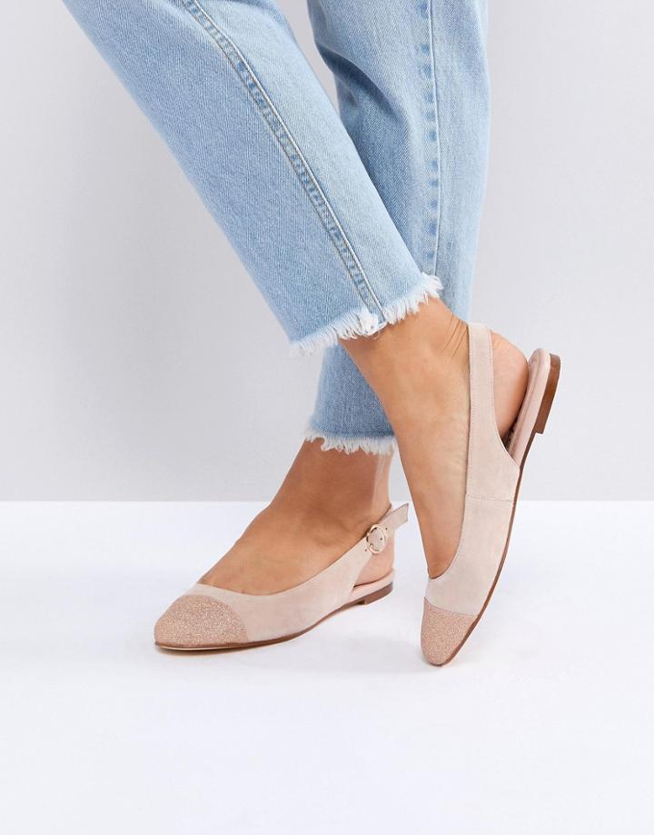 Office Flossy Glitter Toe Cap Flat Shoes - Pink