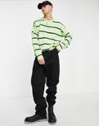 Asos Design Knitted Sweater In Black And Lime Stripes-green
