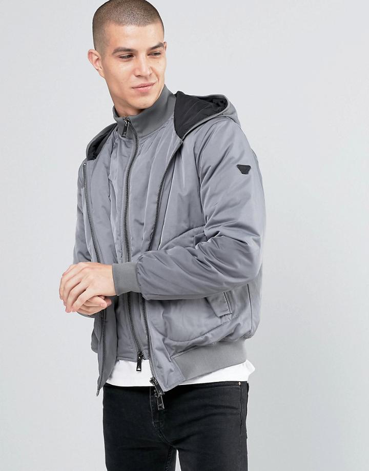 Armani Jeans Jacket With Hood & Mock Insert In Gray Water Repellent -