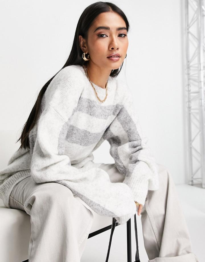 Topshop Longline Sweater With Double Stripe In Multi-gray