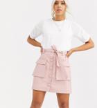 Asos Design Petite Button Front Leather Look Mini Skirt With Utility Pockets-pink