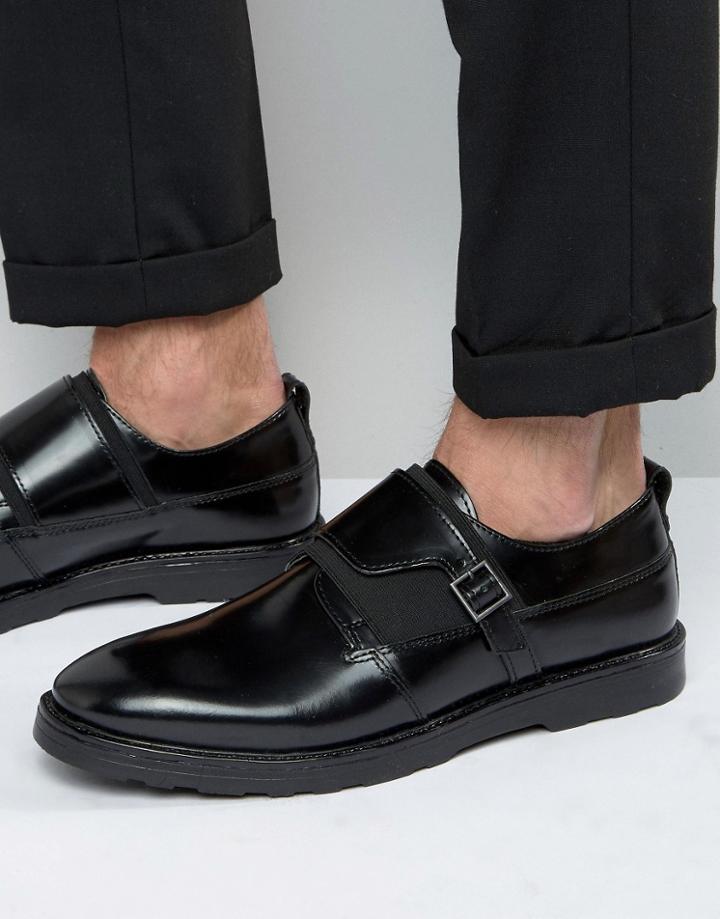 Asos Monk Shoes In Black Leather With Strap Buckle Detail - Black