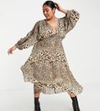 Asos Design Curve Pleated Batwing Midi Dress In Natural Animal Print-multi