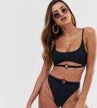 South Beach Shine Cut Out High Leg Bikini Bottom In Black - Black