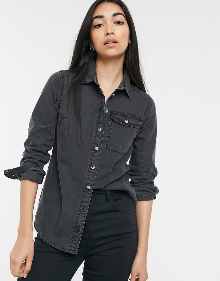 Asos Design Denim Shirt With Pocket In Washed Black